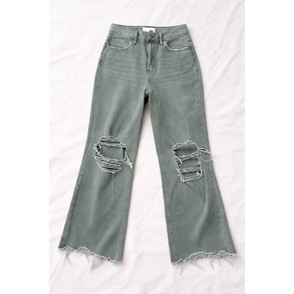 VERVET Distressed Wide Leg Jeans Olive Green Size 26 Ripped Raw Hem